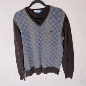 Burlington Brown Blue Tan Extra Fine Lambswool V Neck Pullover Light Sweater XL